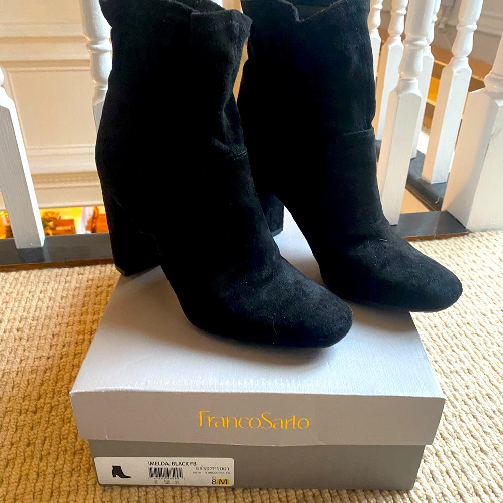 Franco Sarto Imelda faux suede heeled booties with original box. L